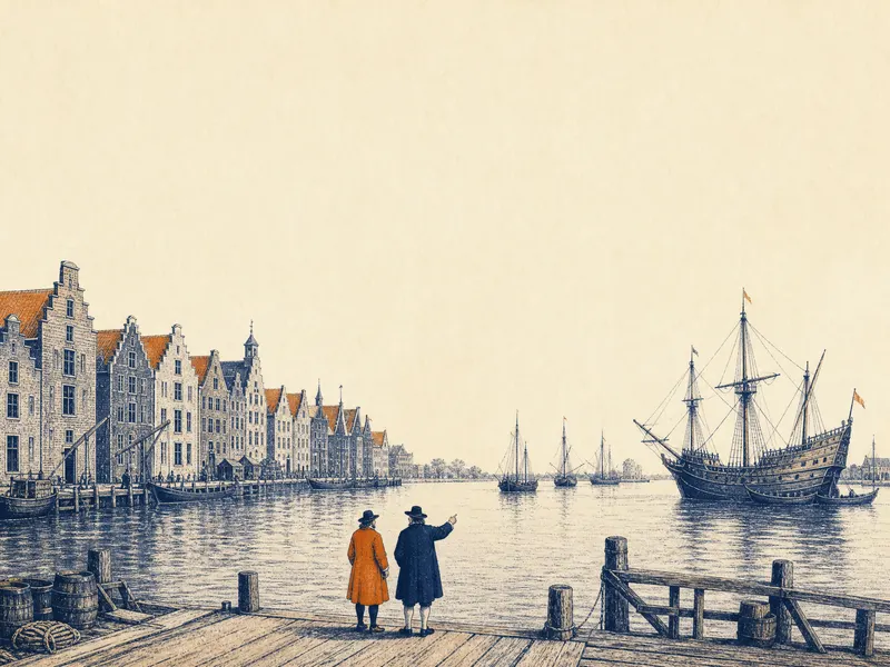 De Amstel en het IJ rond 1600: pakhuizen langs het water en zeilschepen voor anker. Op de kade wijst iemand in het blauw de ander in het oranje de weg.