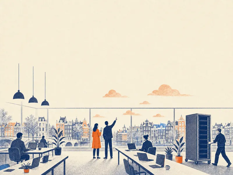 Een licht kantoor in de jaren tien met laptops op lange tafels. Iemand in het oranje houdt een telefoon vast, iemand in het blauw wijst naar de wolken boven de grachtenhuizen, en een serverkast wordt weggereden.