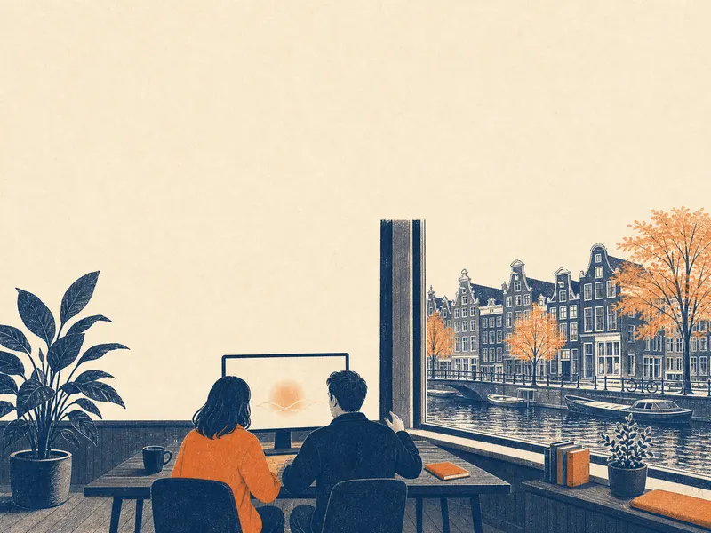 Twee mensen aan een bureau in een grachtenhuis, van achteren gezien, voor een scherm met een rustige gloed. Buiten ligt de gracht met bomen in herfstkleuren.