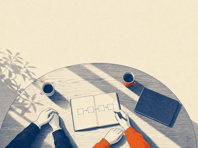 A table seen from above: an open notebook with a drawn process of boxes and arrows, two cups of coffee, a closed laptop and two pairs of hands in morning light.