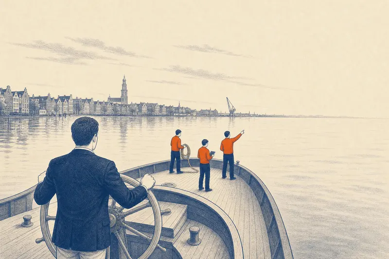 A sloop on the IJ in the morning. A manager in a navy jacket stands with both hands on the steering wheel, seen from behind. On the foredeck three people in orange work: one coils a line, one looks at a tablet, one points ahead. On the horizon the Amsterdam waterfront with a church tower and a harbour crane.